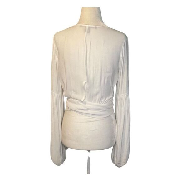 Forever 21 Cropped Wrap Top White Rayon Knit Puff Long Sleeve Round Neck S - Picture 4 of 5